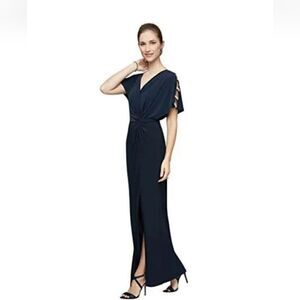 Long Knot Front Jersey Dress with Front Slit & Embellished Sleeve Cutouts NWT